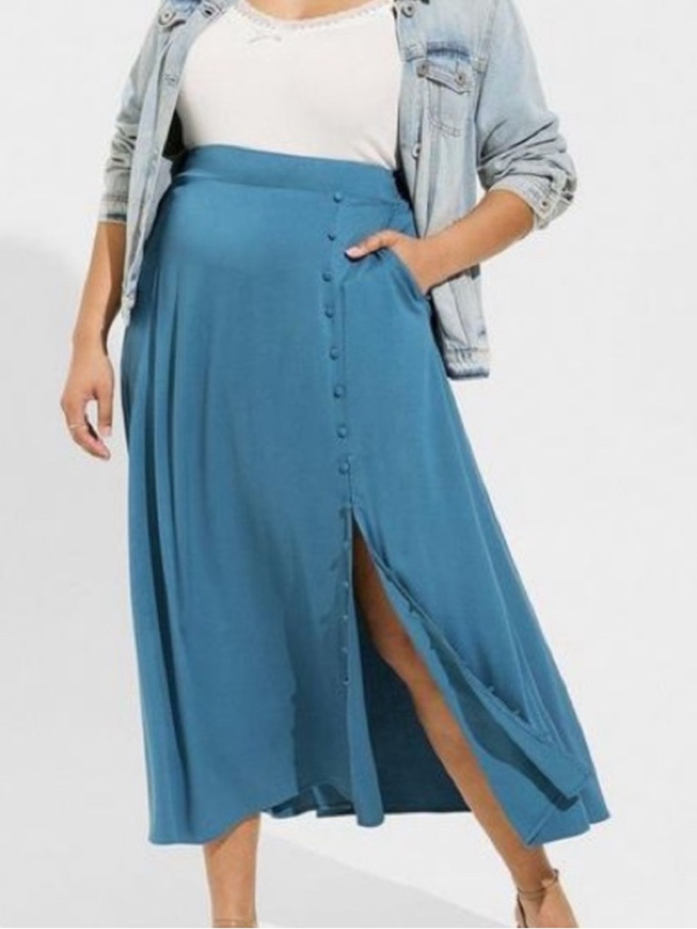 Torrid NWT Maxi Stretch Challis Button Slit Skirt Blue Sz L 12 Classic Spring